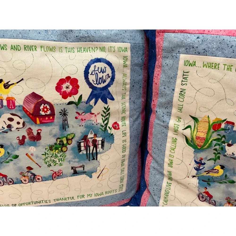 Vintage Iowa State Map Quilted Throw Pillows Set of 2 Blue Pink 16x16